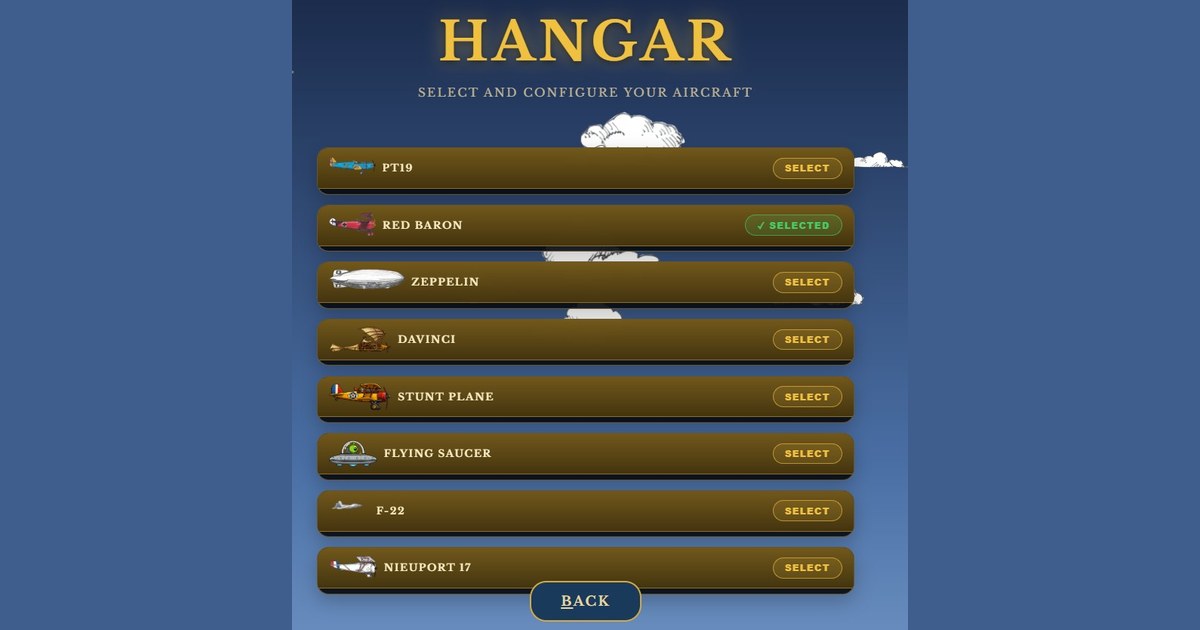 Morse Flyer hangar screen listing selectable aircraft: PT19, Red Baron, Zeppelin, DaVinci, stunt plane, flying saucer, F-22 and Nieuport 17