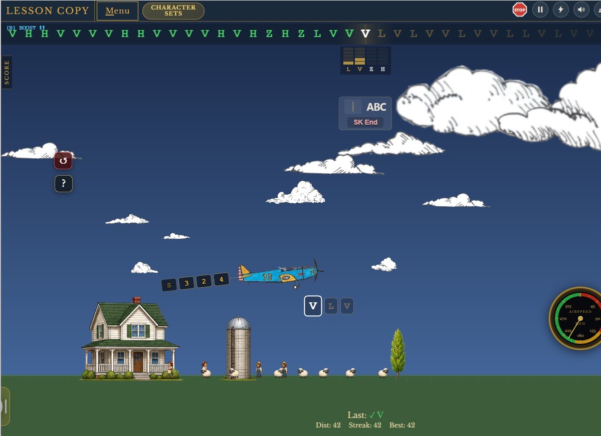 A blue PT19 trainer aircraft climbing past a farmhouse during a Morse Flyer copy lesson, with typed answers trailing the plane