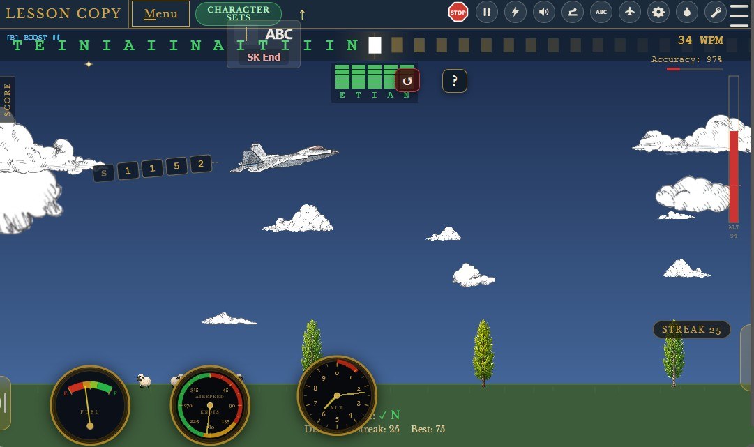 An F-22 flying a Copy Lesson in Morse Flyer with fuel, airspeed and altimeter gauges and a character streak in progress