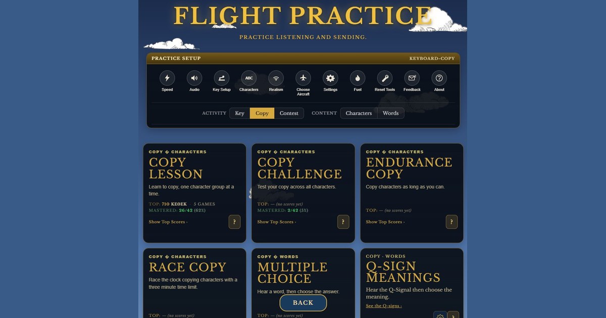 Morse Flyer Flight Practice menu with training mode cards: Copy Lesson, Copy Challenge, Endurance Copy, Race Copy, Multiple Choice and Q-Sign Meanings