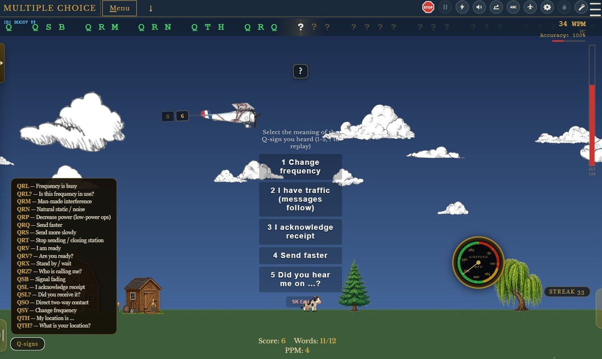 The Q-Sign Meanings game in Morse Flyer: a Nieuport in flight with multiple-choice answers for a Q-signal heard in Morse code
